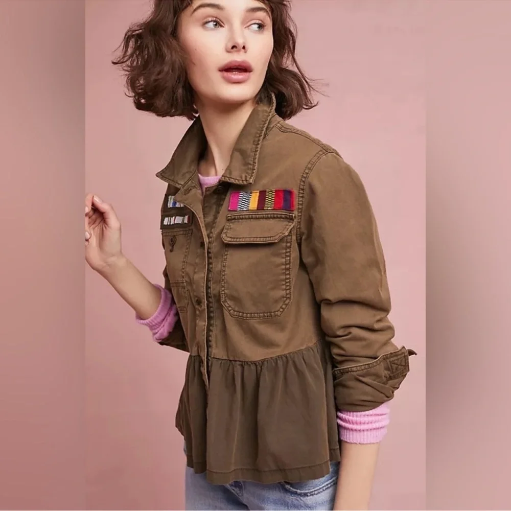 Anthropologie Military Peplem Embroidered/Beaded Jacket Size XSmall Olive Green
